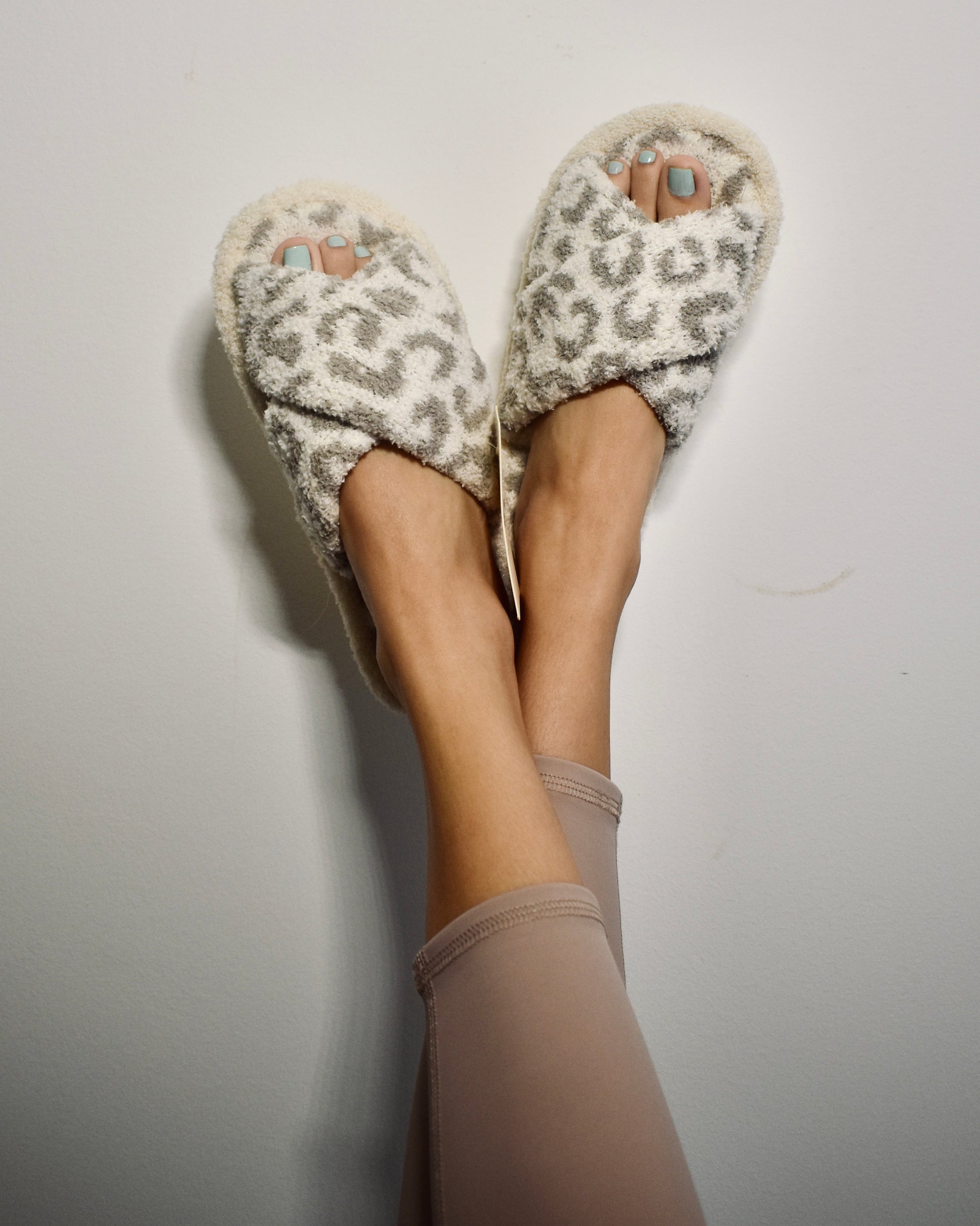 Fuzzy Grey - Leopard Print House Shoes Athena Apparel – ShopAthenaApparel